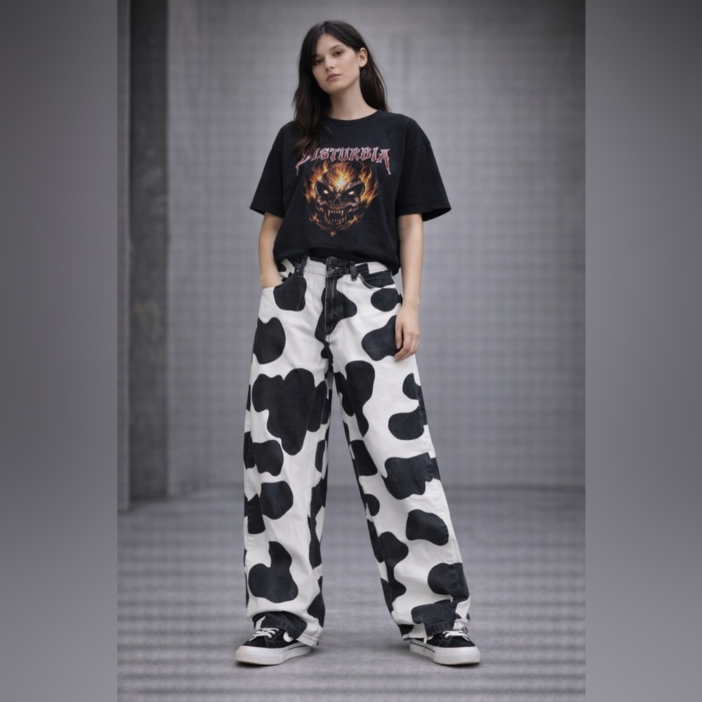 High Waist Cow‎ Print Wide Leg Jeans Women’s Small Y2K Western Aesthetic